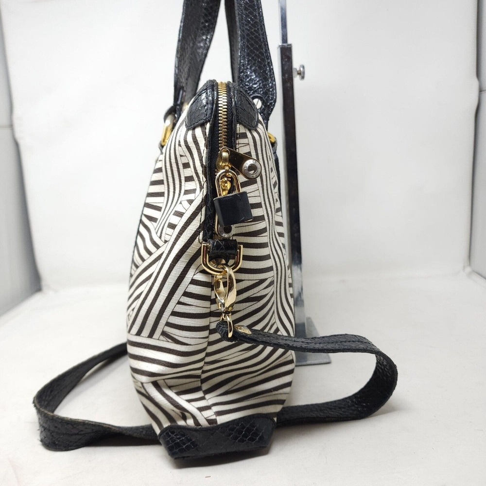 Henri Bendel Laptop Bag Disturbed Stripe Brown Black Canvas Leather Briefcase - Picture 9 of 16